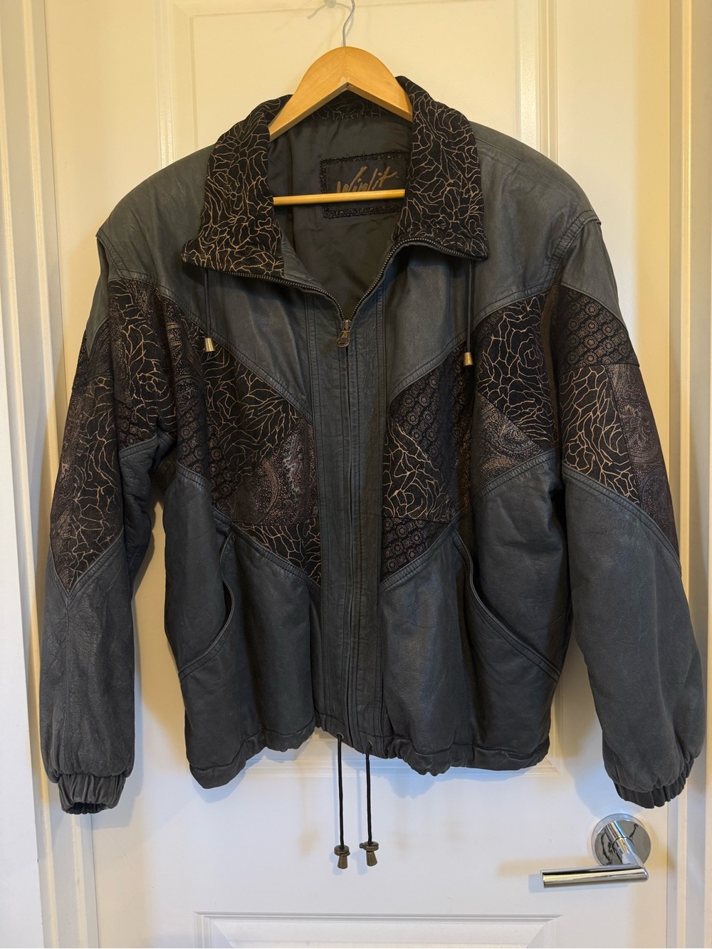 VTG Winlit Leather Bomber Jacket 80s 90s Floral Paisley Patchwork Inset Black